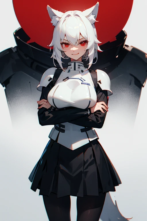 1girl with white hair and red eyes, wolf ears, black Pantyhose, uniform, standing, arms crossed, stormtrooper armor, evil smile, large breast, teasing, black skirt,