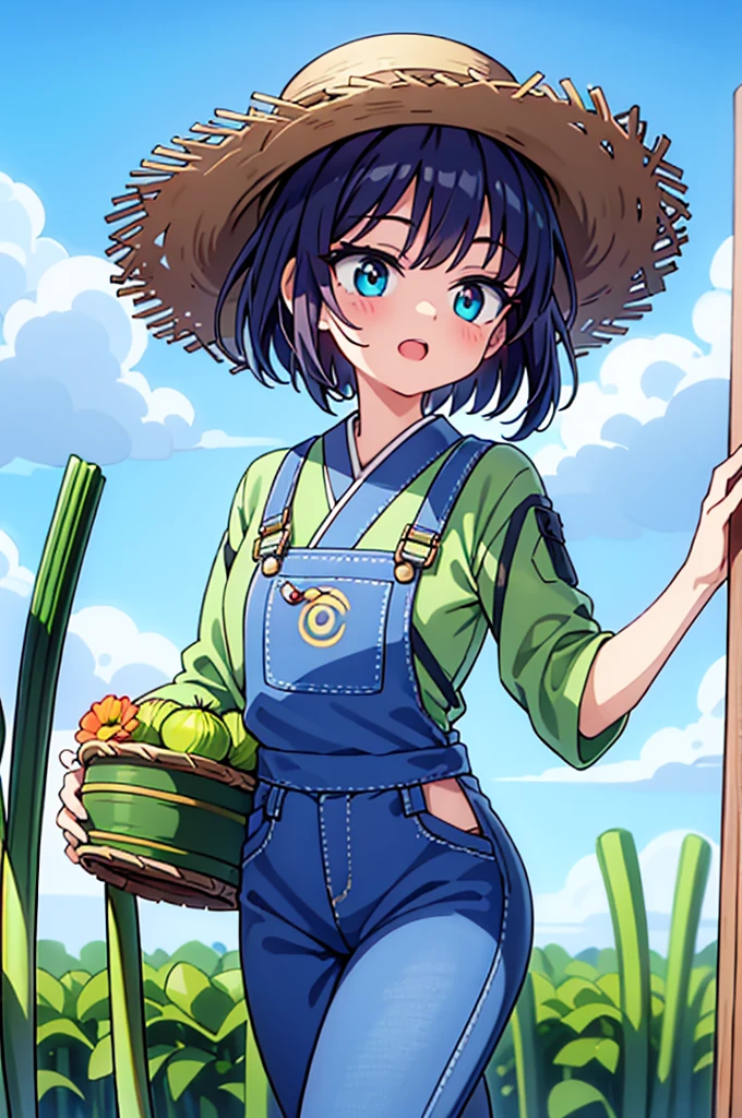 1 garota, Jovem, kind_olhos castanhos, vermelho escuro, Frohawk, arrogante _face, pele brilhante, medium breasts, nice leg line:1.3, coxas grossas, cintura fina, agricultor, simples, functional clothing appropriate for outdoor work, Like a straw hat, overalls, e botas resistentes, A large field or farm com crops growing and Japanese cucumber, Tending to o land, com a Japanese cucumber in hand, Plant Seeds or Harvest Leek Crops, taking care of livestock, Contente e em paz, alto_ponto_com_a_Claro_visualizar_de_o_estrelas, looking at visualizarer, random pose, dynamic angle, decote, Ombros nus, obra de arte, melhor qualidade