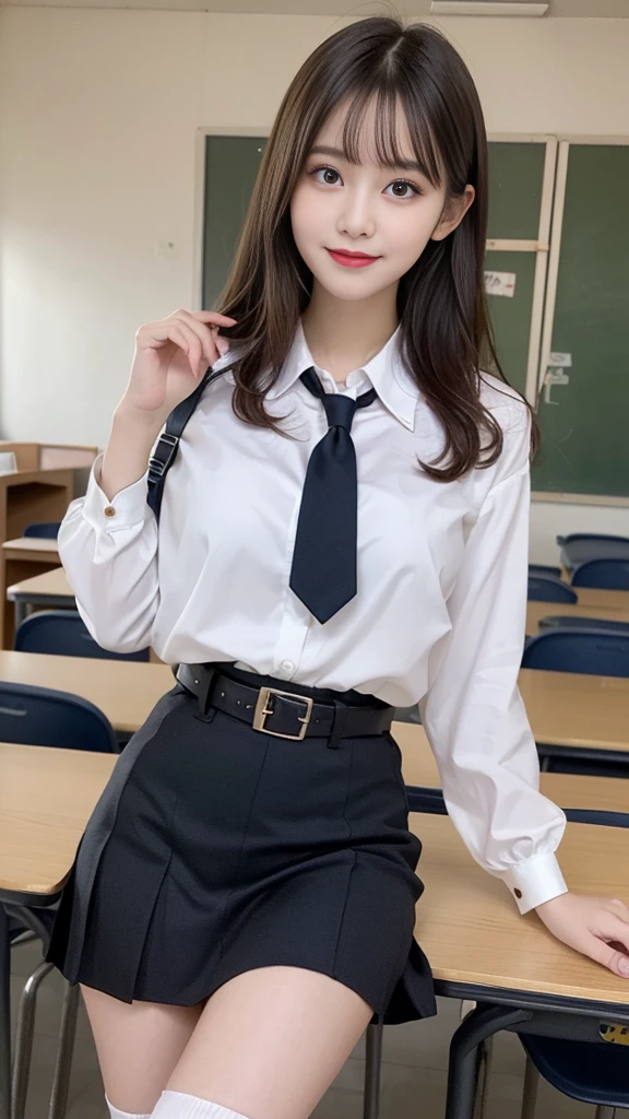 table top, best quality, illustration, Very detailed, exquisite details, high resolution, 8K wallpaper, Perfect dynamic composition, Beautifully detailed eyes, ,medium hair, big breasts, natural lip color, Random and sexy poses,smile、20 year old girl、　After School Classroom、　High school guillotine outfit、short skirt、Loose socks、belt