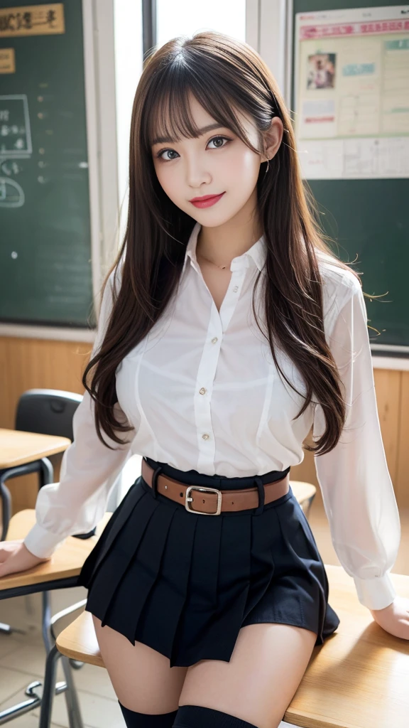(Highest quality, 8k wallpaper), (masterpiece, Highest quality, High resolution, Super detailed:1.2), Superior quality, Sharp focus, (Bright colors), (Bright colors:1.2), Realistic, Very detailed, (One girl, She is a young Japanese), (Captivating smile:0.5), break, (Brown Hair, Medium Wavy Hair, Medium chest, bangs, Upper Body:1.3), (Glowing Skin, Very detailed body, Very detailed skin), (View your viewers:1.2), (Perfect Fingers), break, (front図, front, In-person audience, Panorama, Widespread), (necklace, Bangles:1.1), Sweaty skin, (Japanese High School, classroom, machine, Chair), ((Knee-high socks, shoes, High School Uniform Skirt)), (classroomのテーブルに座る:1.2), (Very detailed background), indoor,,Perfect body、(((1 female)))、(((Beautiful and accurate five fingers)))