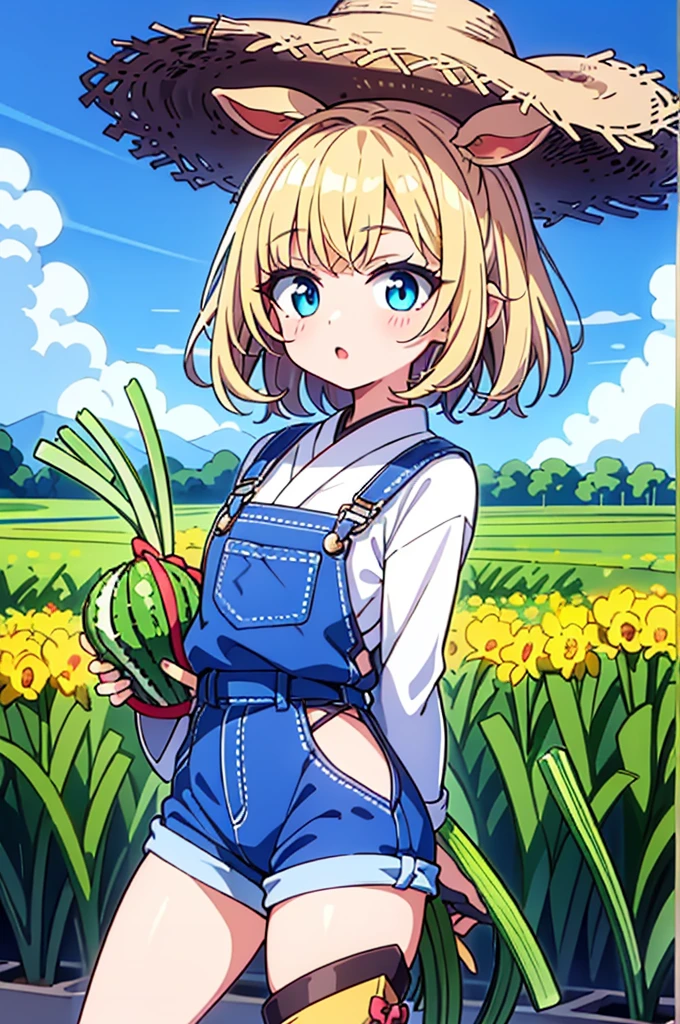 1 garota, Jovem, kind_olhos castanhos, vermelho escuro, Frohawk, arrogante _face, pele brilhante, medium breasts, nice leg line:1.3, coxas grossas, cintura fina, agricultor, simples, functional clothing appropriate for outdoor work, Like a straw hat, overalls, e botas resistentes, A large field or farm com crops growing and Japanese cucumber, Tending to o land, com a Japanese cucumber in hand, Plant Seeds or Harvest Leek Crops, taking care of livestock, Contente e em paz, alto_ponto_com_a_Claro_visualizar_de_o_estrelas, looking at visualizarer, random pose, dynamic angle, decote, Ombros nus, obra de arte, melhor qualidade