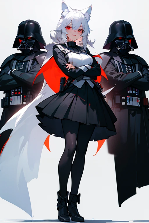 1girl with white hair and red eyes, wolf ears, black Pantyhose, uniform, standing, arms crossed, darth vader armor, evil smile, large breast, teasing, black skirt,
