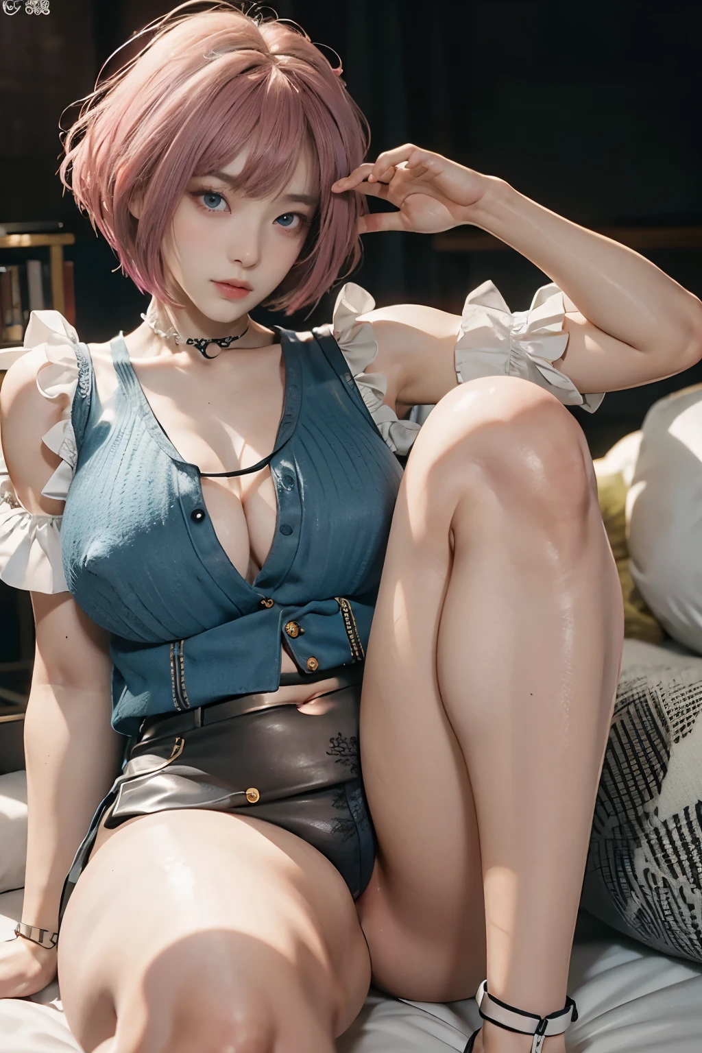 20yo woman, (masterpiece: 1.4), (8K, reality, original photo, best quality: 1.4), Japan, (1 girl), beautiful face, (Real faces: 1.4), (pink hair, short hair: 1.3), hairstyle, Realistic blue eyes, beautiful details eyes, (reality皮肤: 1.3), beautiful skin, Attractive, ultra high resolution, Super realistic, HD, golden ratio, (Detailed face: 1.4), (Japan演员: estuary), Sheer vest,粉色short hair,White透明,White,NSFW,big,big屁股强调,The nipple areola is clearly shaped,looking into camera,Sitting on the sofa,pubic shape is transparent and clear,posture(Bend your knees and legs open)