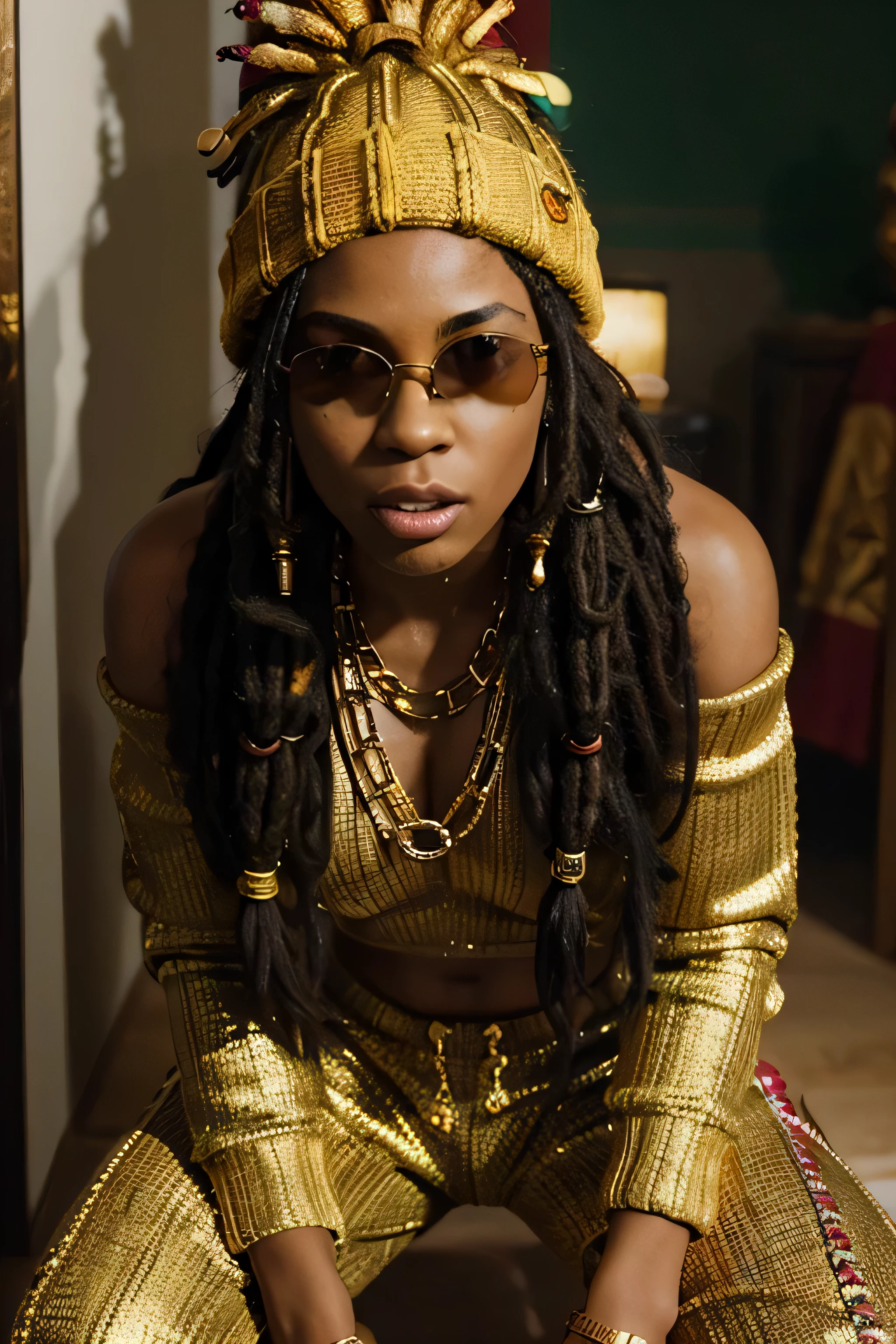 Valkyrie, (dark skin:1.5), ((dreadlocks, blonde dreadlocks)), (yellow eyes:1.3), ((mature, medium breasts)), full lips, wearing black and gold uniform, angel wings, Headshot, portrait, close-up, sfw, gold lipstick, black eyeshadow, 3d,