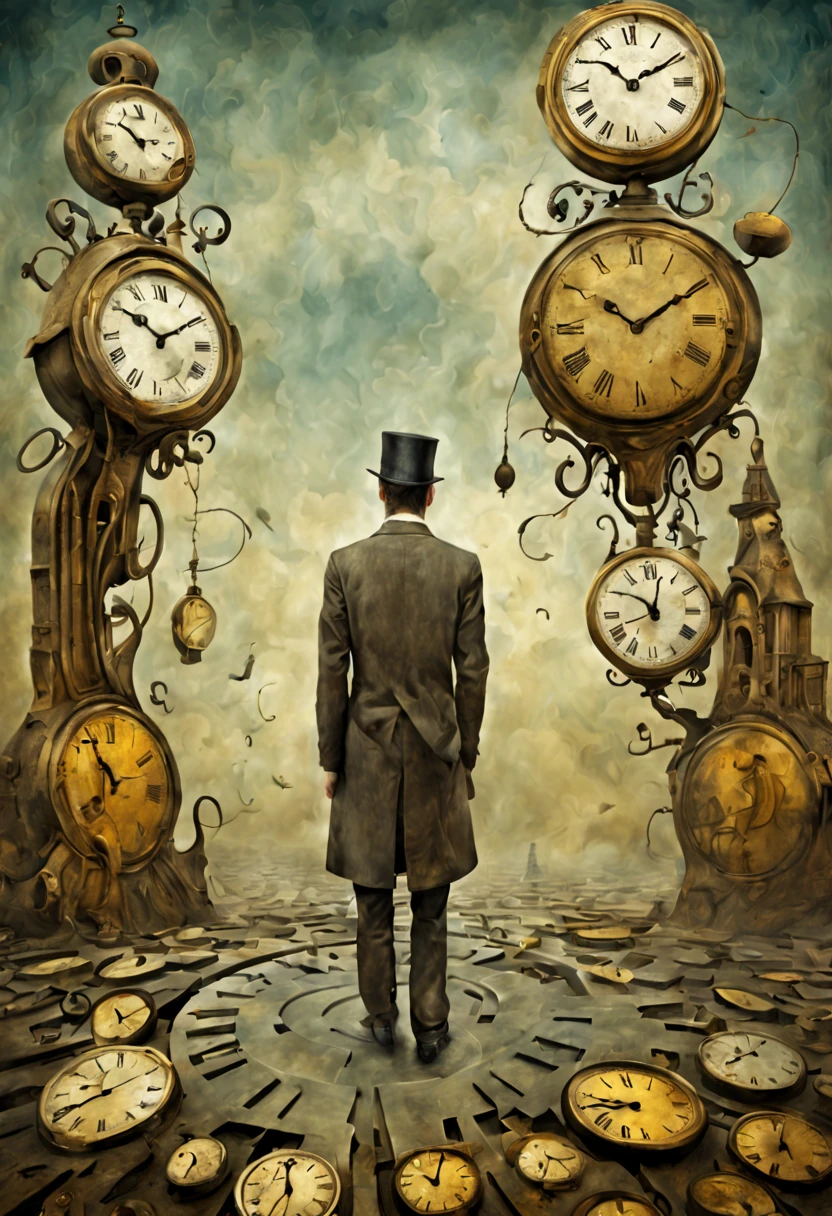 Neo Surrealism, by Gabriel Pacheco and Max Ernst, magical realism bizarre art, pop surrealism,a surreal scene of clocks melting and bending in a time-travel mishap, with a person caught in the distortion, whimsical art. 