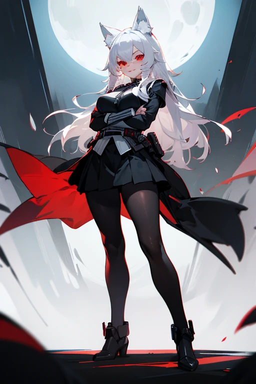 1girl with white hair and red eyes, wolf ears, black Pantyhose, uniform, standing, arms crossed, darth vader armor, evil smile, large breast, teasing, black skirt, thick thighs, long legs, anal