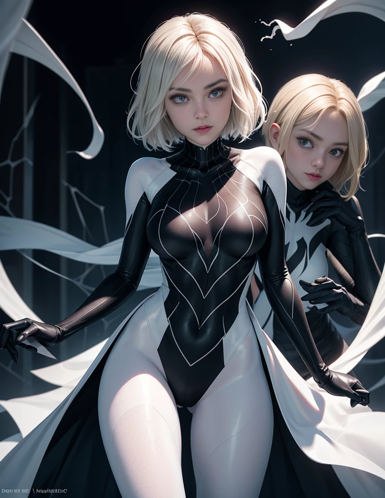 Ghost Spider, Gwen in a black costume with a white spider in the center of her chest, organic looking outfit, sticky forehead, symbiote, White eyes, Fine art, ,Highly detailed cinematic rendering, ultra photorealistic raytricing, With cinematic lighting、keira knightley