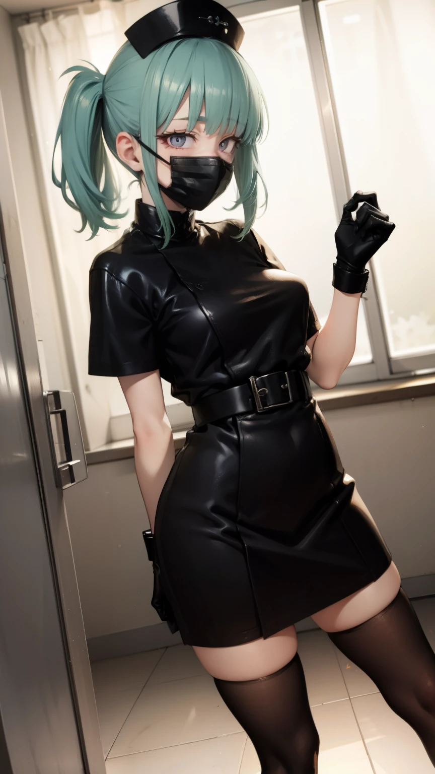 black nurse, 1 girl, alone, black nurse cap, Black Wear, ((black legwear, zettai ryouiki)), black elbow gloves, ponytail, green hair, pink eyes, ((Black surgical mask, Covered nose)), Are standing, ((operating room)), sharp outline, short sleeve, highest quality, masterpiece