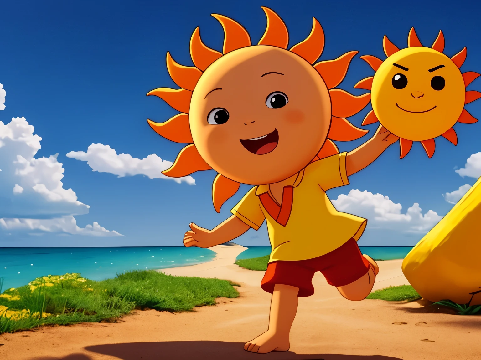  character sun with arm and leg, animated 