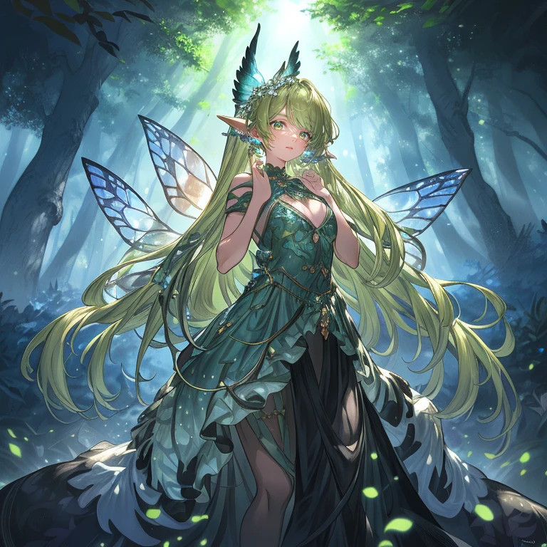 (best quality,highres),fairy in the forest,magical,corrupted,sparkling costume,ethereal,full-body details,enchanted,glowing,translucent,fantastical,mesmerizing,beautifully decayed,bewitching,sublime,completely immersed in nature,whimsical,otherworldly,mystical,spellbinding,delicate,colorful,exquisite,mesmerizing,hypnotic,surreal,breathtaking,transcendent,divine,enchanted forest,fairy wings,delicate flowers,dappled sunlight,magic in the air,glowing butterflies,ethereal beauty,magical creatures,ancient trees,ivy-covered ruins,shimmering pond,whispering leaves,mysterious fog,enchanted waterfalls,glowing mushrooms,spellbinding aura,luminous fireflies,remnants of ancient civilization,decaying statues,overgrown paths,magical artifacts,unfathomable depths of the forest,undiscovered secrets,hushed whispers,undulating shadows,elusive spirits,lush foliage,serene atmosphere,fantasy realm,sprawling canopies,lost in time,moonlit landscape,faery realm,enchanted silence,magical resonance,tranquil sanctuary,ethereal melodies,hidden gateways,unearthly charm,fanciful presence,ethereal glow,transformation,forbidden enchantment,iridescent sparkle.