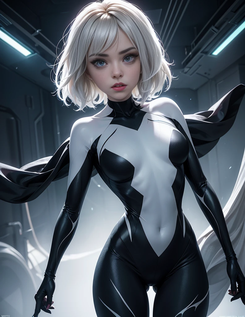 Ghost Spider, Gwen in a black costume with a white spider in the center of her chest, organic looking outfit, sticky forehead, symbiote, White eyes, Fine art, ,Highly detailed cinematic rendering, ultra photorealistic raytricing, With cinematic lighting、Daisy Ridley