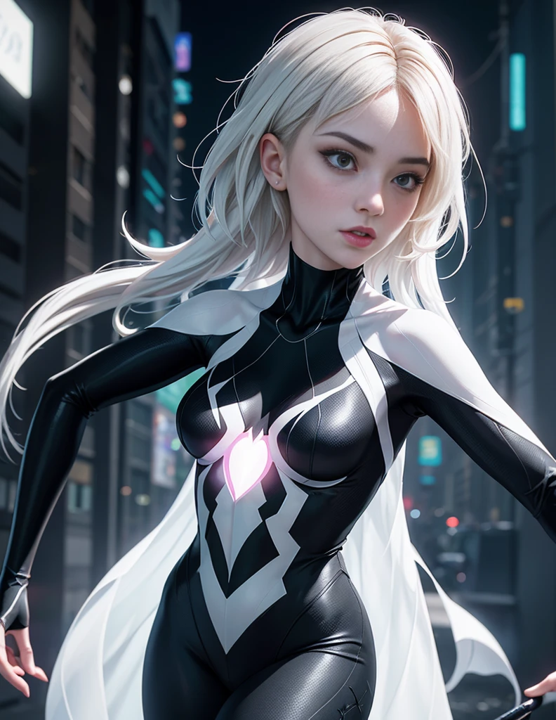 Ghost Spider, Gwen in a black costume with a white spider in the center of her chest, organic looking outfit, sticky forehead, symbiote, White eyes, Fine art, ,Highly detailed cinematic rendering, ultra photorealistic raytricing, With cinematic lighting、Daisy Ridley