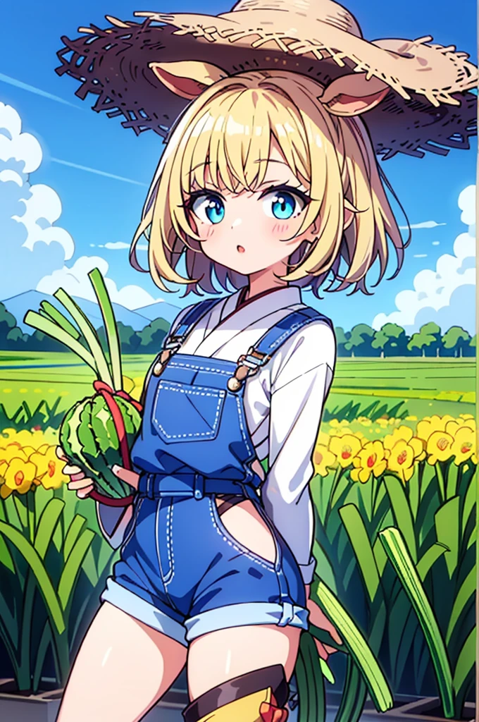 1 garota, Jovem, kind_olhos castanhos, vermelho escuro, Frohawk, arrogante _face, pele brilhante, medium breasts, nice leg line:1.3, coxas grossas, cintura fina, agricultor, simples, functional clothing appropriate for outdoor work, Like a straw hat, overalls, e botas resistentes, A large field or farm com crops growing and Japanese cucumber, Tending to o land, com a Japanese cucumber in hand, Plant Seeds or Harvest Leek Crops, taking care of livestock, Contente e em paz, alto_ponto_com_a_Claro_visualizar_de_o_estrelas, looking at visualizarer, random pose, dynamic angle, decote, Ombros nus, obra de arte, melhor qualidade
