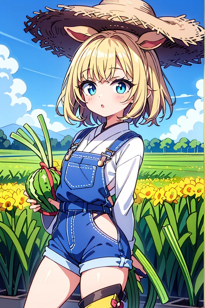 1 garota, Jovem, kind_olhos castanhos, vermelho escuro, Frohawk, arrogante _face, pele brilhante, medium breasts, nice leg line:1.3, coxas grossas, cintura fina, agricultor, simples, functional clothing appropriate for outdoor work, Like a straw hat, overalls, e botas resistentes, A large field or farm com crops growing and Japanese cucumber, Tending to o land, com a Japanese cucumber in hand, Plant Seeds or Harvest Leek Crops, taking care of livestock, Contente e em paz, alto_ponto_com_a_Claro_visualizar_de_o_estrelas, looking at visualizarer, random pose, dynamic angle, decote, Ombros nus, obra de arte, melhor qualidade