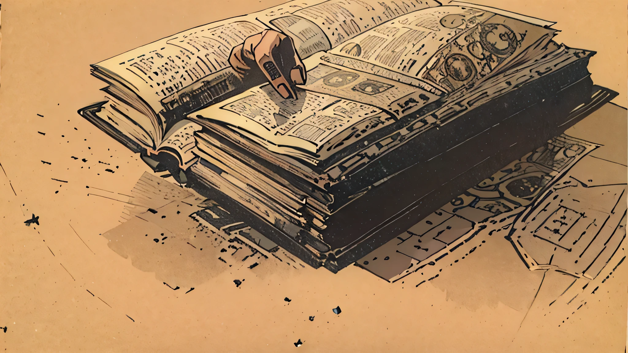 a shadow of a person holding an open book in their hand, the lighting is very dim and only highlights dark details, accentuating the feeling of desolation and mystery. The scene must convey a tense and unpleasant atmosphere, com destaque para o elemento central: A pessoa segurando o livro.