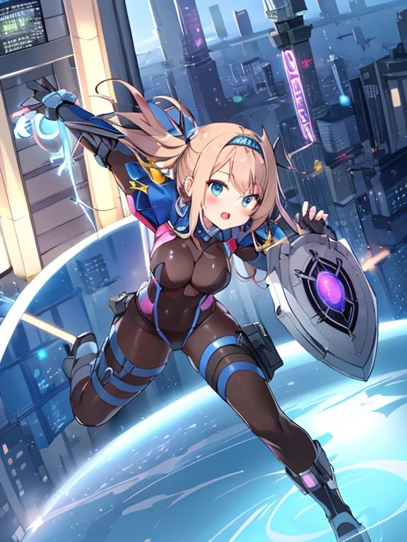 Extreme detail,masterpiece,futuristic city,girl with (energy shield):1.3,tight-fitting bodysuit,protecting herself from danger,using shield in battle,futuristic buildings,flying cars,shield growing brighter,repelling invader