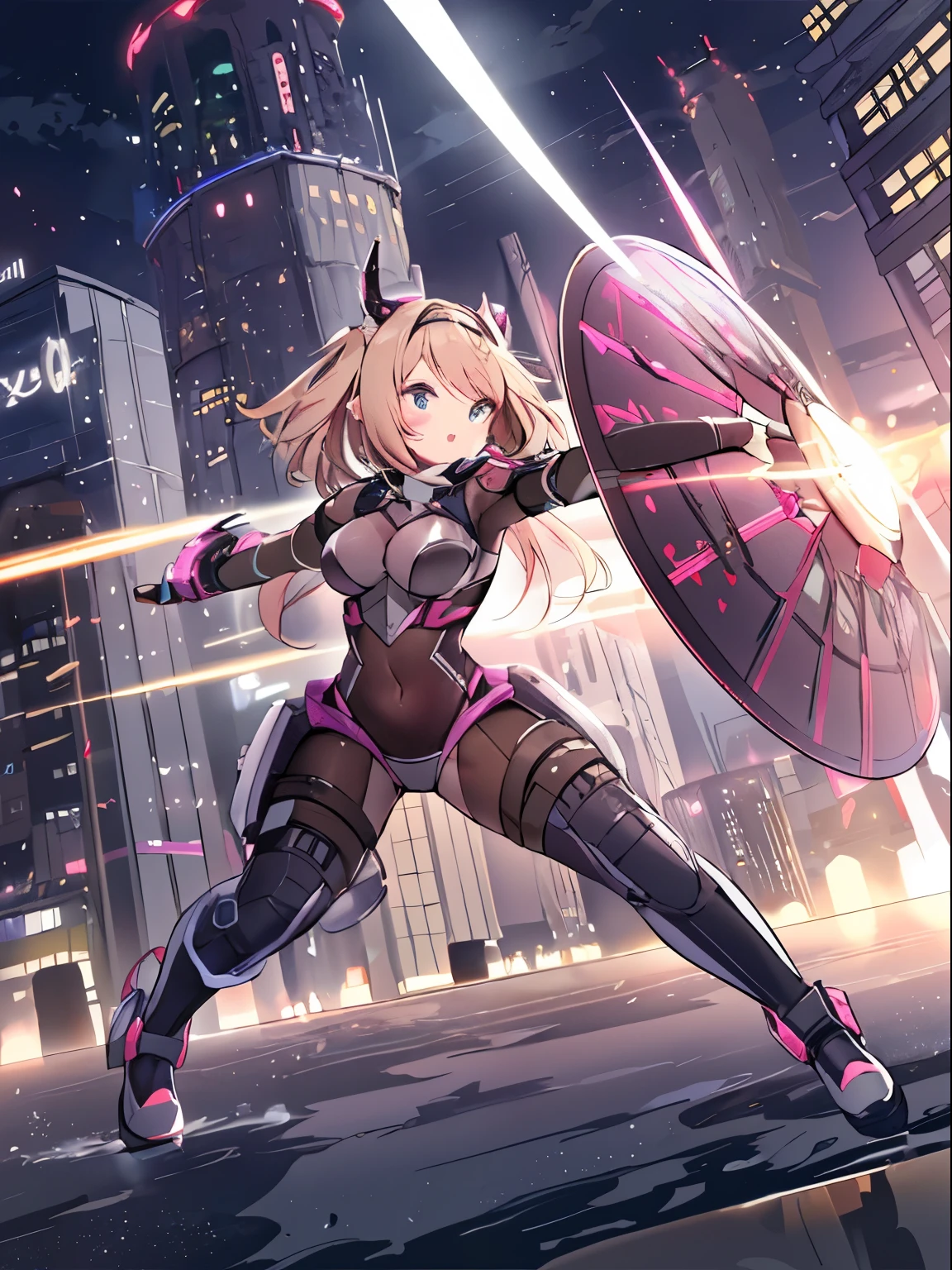 Extreme detail,masterpiece,futuristic city,girl with (energy shield):1.3,tight-fitting bodysuit,protecting herself from danger,using shield in battle,futuristic buildings,flying cars,shield growing brighter,repelling invader