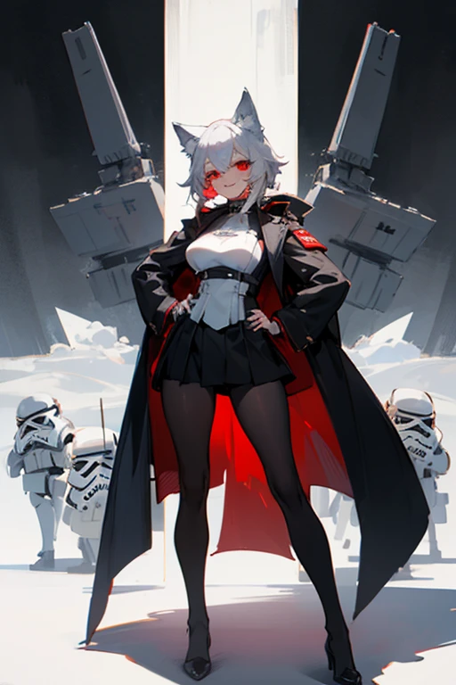 1girl with white hair and red eyes, wolf ears, black Pantyhose, black uniform, standing, stormtrooper, evil smile, breast, teasing, black skirt, thick thighs, long legs, overcoat, star destroyer in the distance