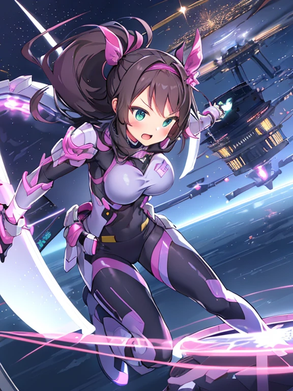 Extreme detail,masterpiece,futuristic city,girl with (energy shield):1.3,tight-fitting bodysuit,protecting herself from danger,using shield in battle,futuristic buildings,flying cars,shield growing brighter,repelling invader