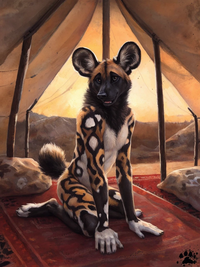 solo, anthro, African Wild Dog, feminine body, submissive, panting, shy, male, shaggy fur, thick fur, tail, beautiful eyes, perfect eyes, symmetrical eyes, (black retinas:1.2), detailed background, large tribal tent background, inside, carpets, dusk, realistic, photorealistic, ultra realistic, 8k, (by blotch), looking away, shy pose,