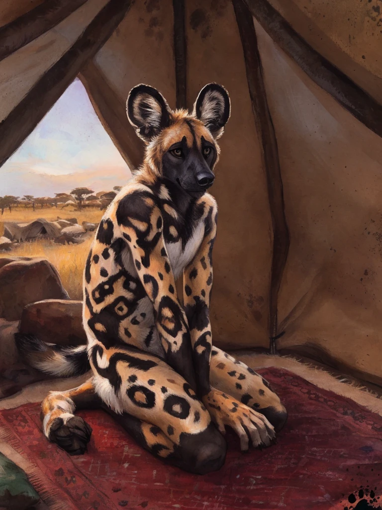 solo, anthro, African Wild Dog, feminine body, submissive, panting, shy, male, shaggy fur, thick fur, tail, perfect eyes, symmetrical eyes, (black retinas:1.2), detailed background, large tribal tent background, inside, carpets, dusk, realistic, photorealistic, ultra realistic, 8k, (by blotch), looking away, shy pose,