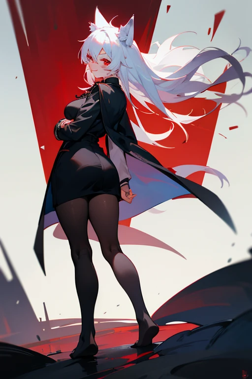 1girl with white hair and red eyes, wolf ears, black Pantyhose, uniform, standing, evil smile, breast, teasing, black skirt, thick thighs, long legs, overcoat, no shoes, red strain, arms clasped behind back, big ass