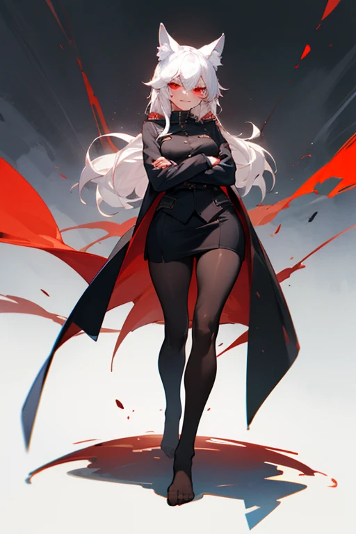 1girl with white hair and red eyes, wolf ears, black Pantyhose, uniform, standing, evil smile, breast, teasing, black skirt, thick thighs, long legs, overcoat, no shoes, red strain, arms crossed, nude feet