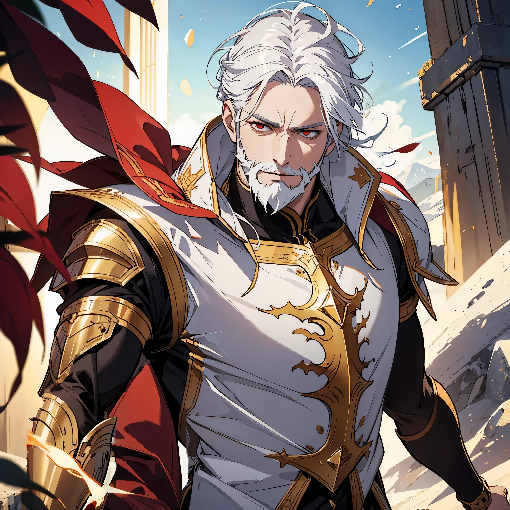 white hair, red eyes, man, paladin, white beard, muscular, wearing a golden armor, far away form us, 1 man