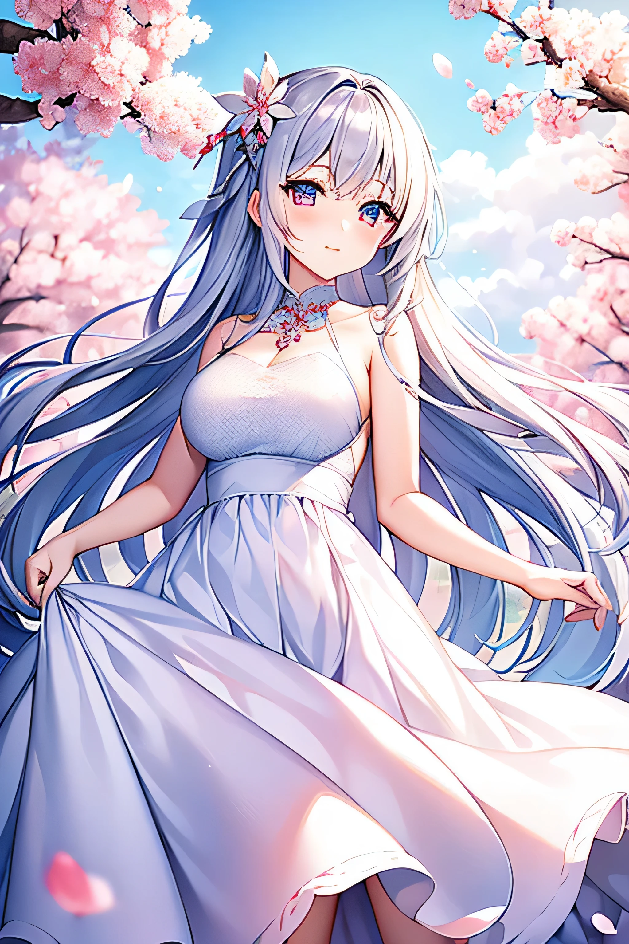 "Cherry blossom-themed, perfect day, 1 girl in a stunning white dress with long hair, showcasing the best quality, crystal-clear face, and captivating eyes."