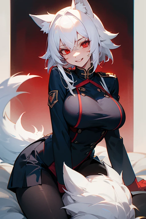 1girl with white hair and red eyes, wolf ears, black Pantyhose, uniform, evil smile, large breast, sex