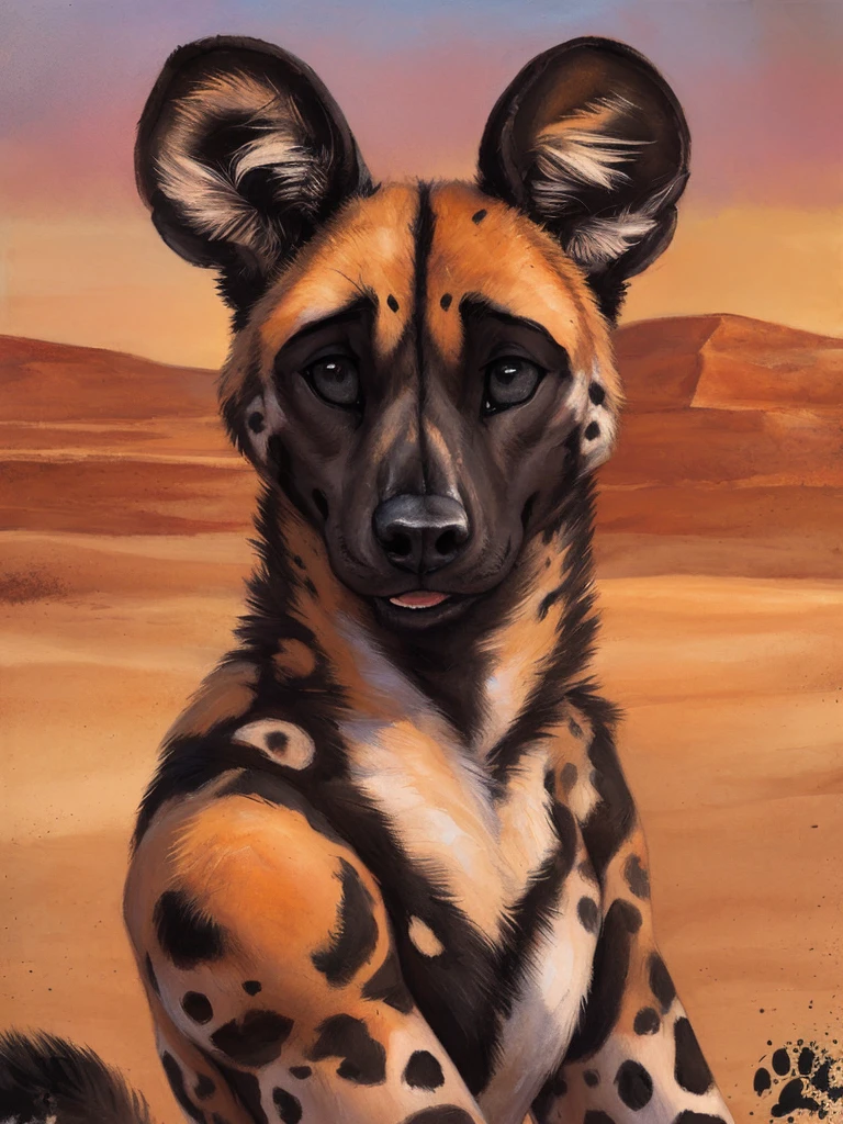 solo, anthro, African Wild Dog, feminine body, submissive, panting, shy, male, shaggy fur, thick fur, tail, beautiful eyes, perfect eyes, symmetrical eyes, (black retinas:1.2), detailed background, sahara desert background, dusk, realistic, photorealistic, ultra realistic, 8k, (by blotch), looking away, shy pose,