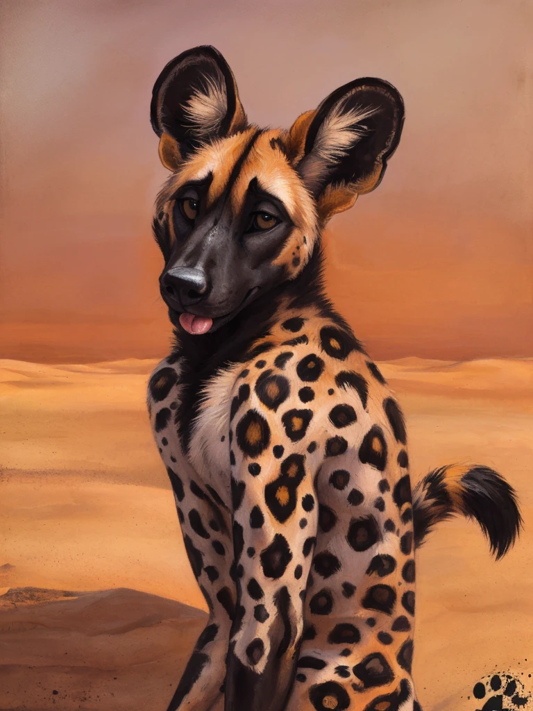 solo, anthro, African Wild Dog, feminine body, submissive, panting, shy, male, shaggy fur, thick fur, tail, beautiful eyes, perfect eyes, symmetrical eyes, (black retinas:1.2), detailed background, sahara desert background, dusk, realistic, photorealistic, ultra realistic, 8k, (by blotch), looking away, shy pose,