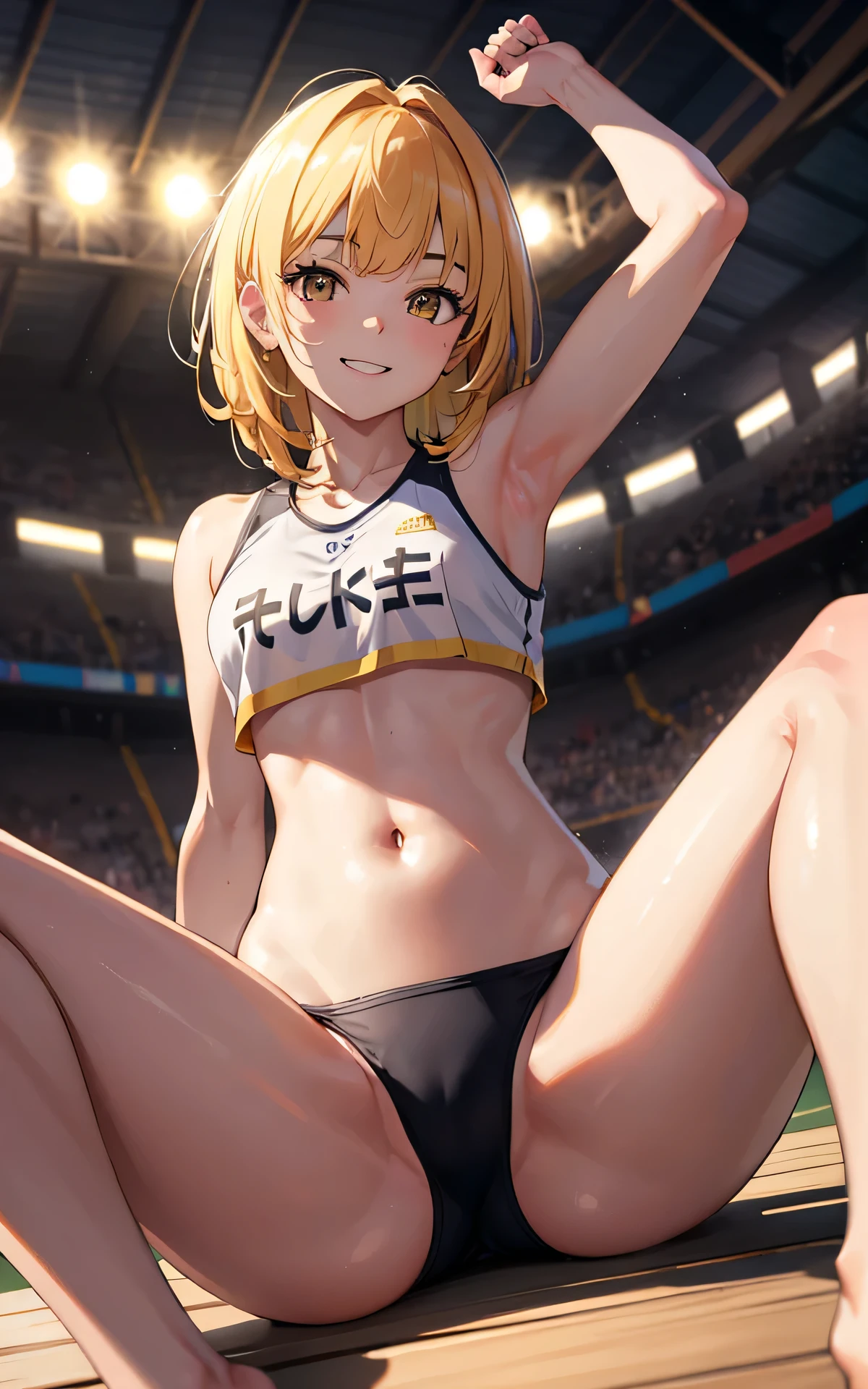 Unity 8K Wallpaper, Masterpiece, Best Quality, Ultra Detailed, Extremely Detailed CG, Ultra High Resolution, Caustics, Detailed, Beautiful Detailed Eyes, solo, (portrait:1.3, athletics stadium, brighten the subject, running trunks, spread arms), sitting, smile, brown eyes, blunt bangs, medium hair, spread legs, yellow hair