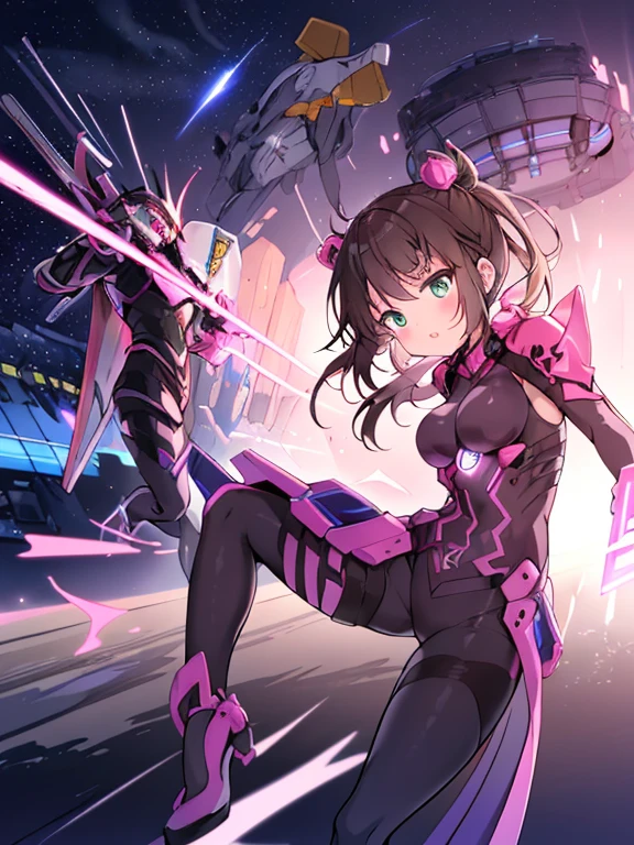 Extreme detail,masterpiece,futuristic city,girl with (energy shield):1.3,tight-fitting bodysuit,protecting herself from danger,using shield in battle,futuristic buildings,flying cars,shield growing brighter,repelling invader