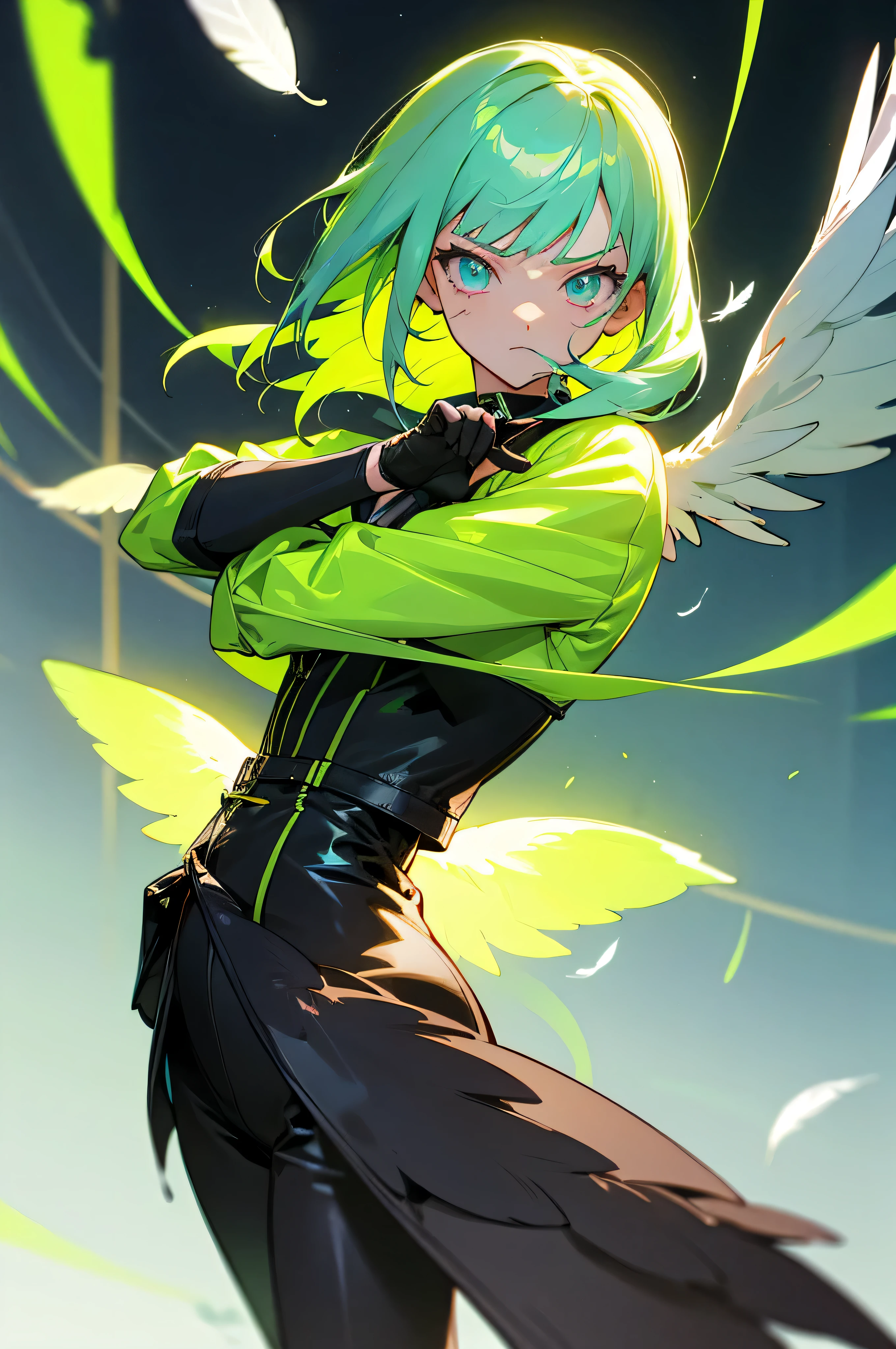 anime illustration、girl、Neon feeling、neon laser、hair color is light green、Too much exposed waist、Older sister-like short jacket、Make sure the whole body is visible、wings on the back、Feathers dance、upper grade、A little troubled face、long hairstyles、Bangs Patsun、elation、black leather gloves、information
