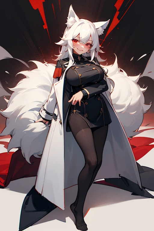 1girl with white hair and red eyes, wolf ears, black Pantyhose, uniform, evil smile, large breast, overcoat, no shoes, blush