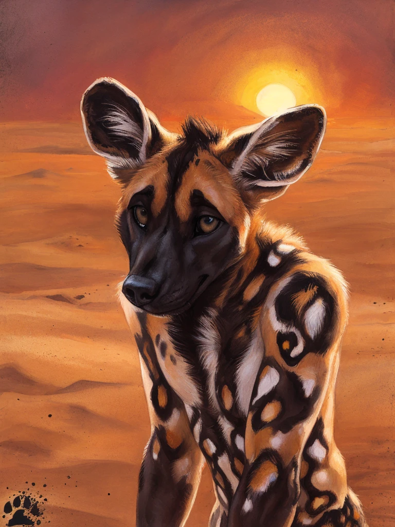 solo, anthro, African Wild Dog, feminine body, submissive, panting, shy, male, shaggy fur, thick fur, tail, beautiful eyes, perfect eyes, symmetrical eyes, (black retinas:1.2), detailed background, sahara desert background, dusk, realistic, photorealistic, ultra realistic, 8k, (by blotch), shy pose, setting sun
