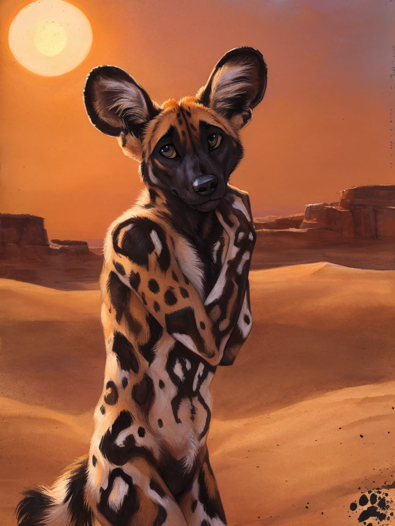 solo, anthro, African Wild Dog, feminine body, submissive, panting, shy, male, shaggy fur, thick fur, tail, beautiful eyes, perfect eyes, symmetrical eyes, (black retinas:1.2), detailed background, sahara desert background, dusk, realistic, photorealistic, ultra realistic, 8k, (by blotch), shy pose, setting sun