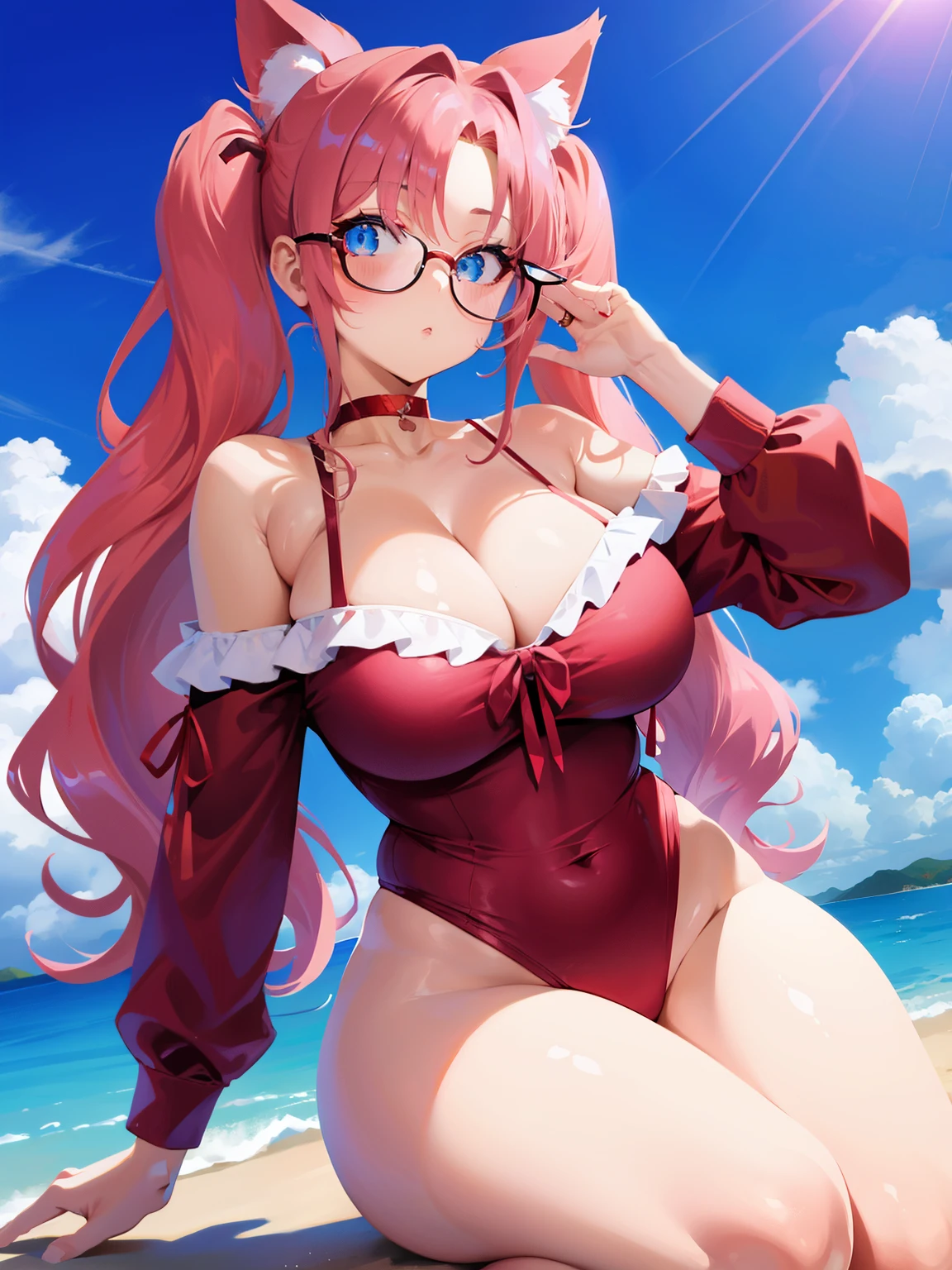 Sandy red pink hair hair, blue eyes, l big , thick thighs, hours glasses, wavey hair, (((1girl))),  bow on hair, twin tails, choker, red choker, off shoulder pink shirt