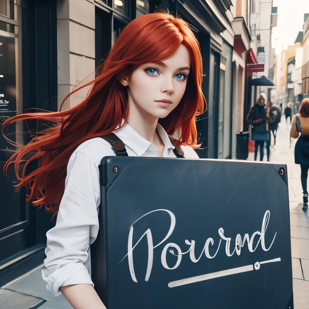 Beautiful girl, red haired, blue eyes, carrying board written on 1000 followers