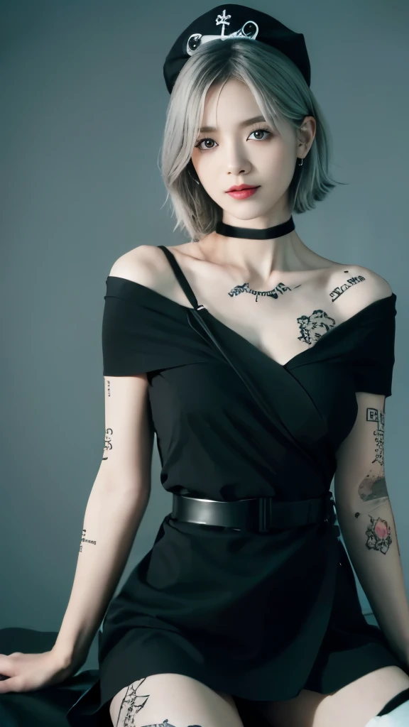 (highest quality、8k、16k、masterpiece、Realistic、Super detailed、Beautiful in every detail、ray tracing)、photograph、
inside an abandoned hospital、
beautiful asian girl、Face like a Korean idol、20-year-old female model、((whole body))、(((Tattoo on the collarbone、Blood drips from my arm)))、
(detailed face、Golden ratio of beauty)、gentle smile、detailed lips、detailed eyes、silver hair、bob hair、Idol style super cute face、
BREAK (black theme:1.5), (all black:1.5), ((gothic ta, black nurse costume):1.3), (black (nurse cap, sling) with cross-symbol print on head:1.5), (fusion of (short sleeve black collared-shirt with double-breasted) and black mini wrap-skirt:1.4), (collarbone:1.4), (double-breasted:1.4), (black choker with cross:1.3), ((intricately embroidered black lace, black ruffle trim):1.3), (black platform high boots:1.2),
BREAK (white and black theme:1.2), (white cross-symbol:1.3), (wrap white bandages around arms and legs:1.4), (white button:1.2), 
(Inappropriate smile、spot lighting、dark background)