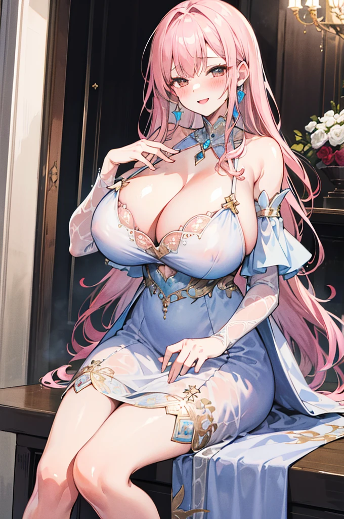 perfect human body,girl, Mature female, Mature, Beautiful wife,Intellectual woman,blush, palace style dress, royal, Gorgeous, layered decoration, Ruffles,,intricate details,((woman with fever)),huge ,(blush:1.2),Smile,, Being in love,,