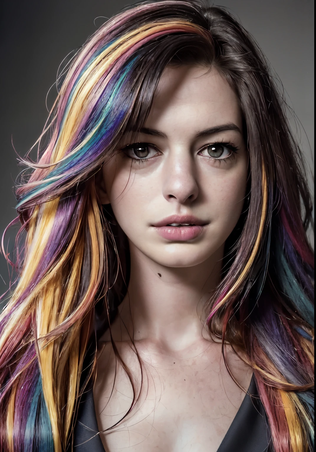 analog style, model shoot style, RAW photo ((full body portrait:1.8)) of a (Anne Hathaway:1.5), ((colorful photo:1.5)), (long hair, multicolored hair:1.7), ((cute face: 1.7, perfect face:1.3)), looking at viewer, (shiny body:1.5, pale skin:1.5), best quality, epic (by lee jeffries and quentin tarantino photo, sony a7, 50 mm, pores:1.5, colors, hyperdetailed:1.5, film grain:1.4, hyperrealistic: 1.5), octane render, hyper-realistic lifelike texture, masterpiece, unreal engine 5, Extremely detailed CG unity 8k wallpaper, realistic eyes, UHD, HDR, DSLR, Madly detailed photo, (ecstasy of light and shadow, deep shadow), (Winner of the Pulitzer Prize for Photography and Taylor Wessing Photographic Prize)