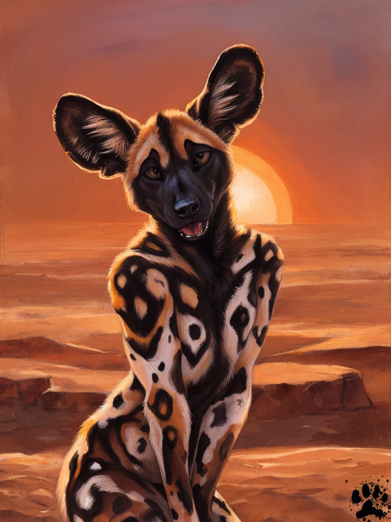 solo, anthro, African Wild Dog, feminine body, submissive, panting, shy, male, shaggy fur, thick fur, tail, beautiful eyes, perfect eyes, symmetrical eyes, (black retinas:1.2), detailed background, sahara desert background, dusk, realistic, photorealistic, ultra realistic, 8k, (by blotch), setting sun