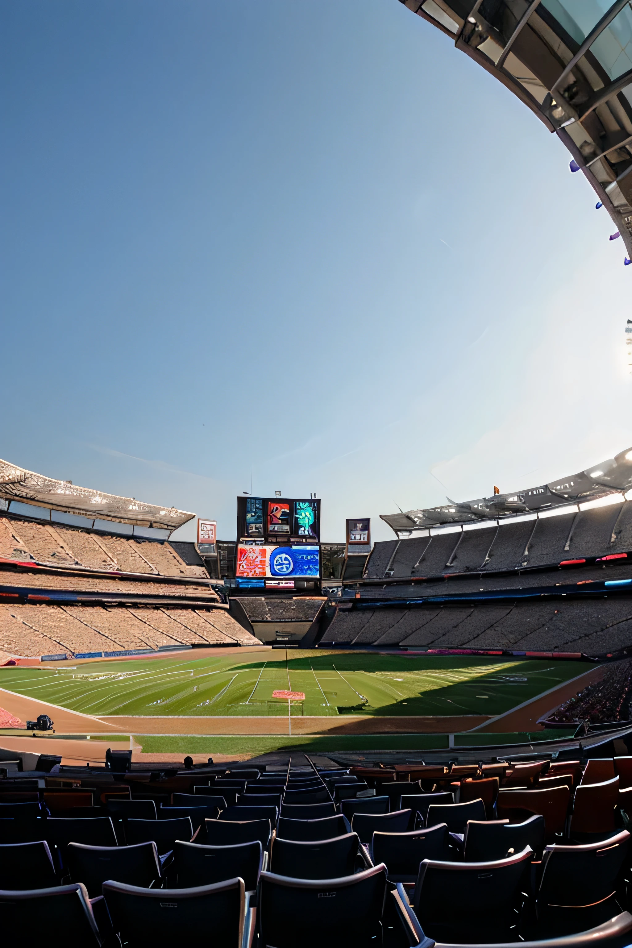 a big stage in a stadium, a big screen in the middle of the stadium