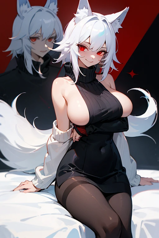 1girl with white hair and red eyes, wolf ears, black Pantyhose, uniform, evil smile, large breast, sexy, virgin killer sweater