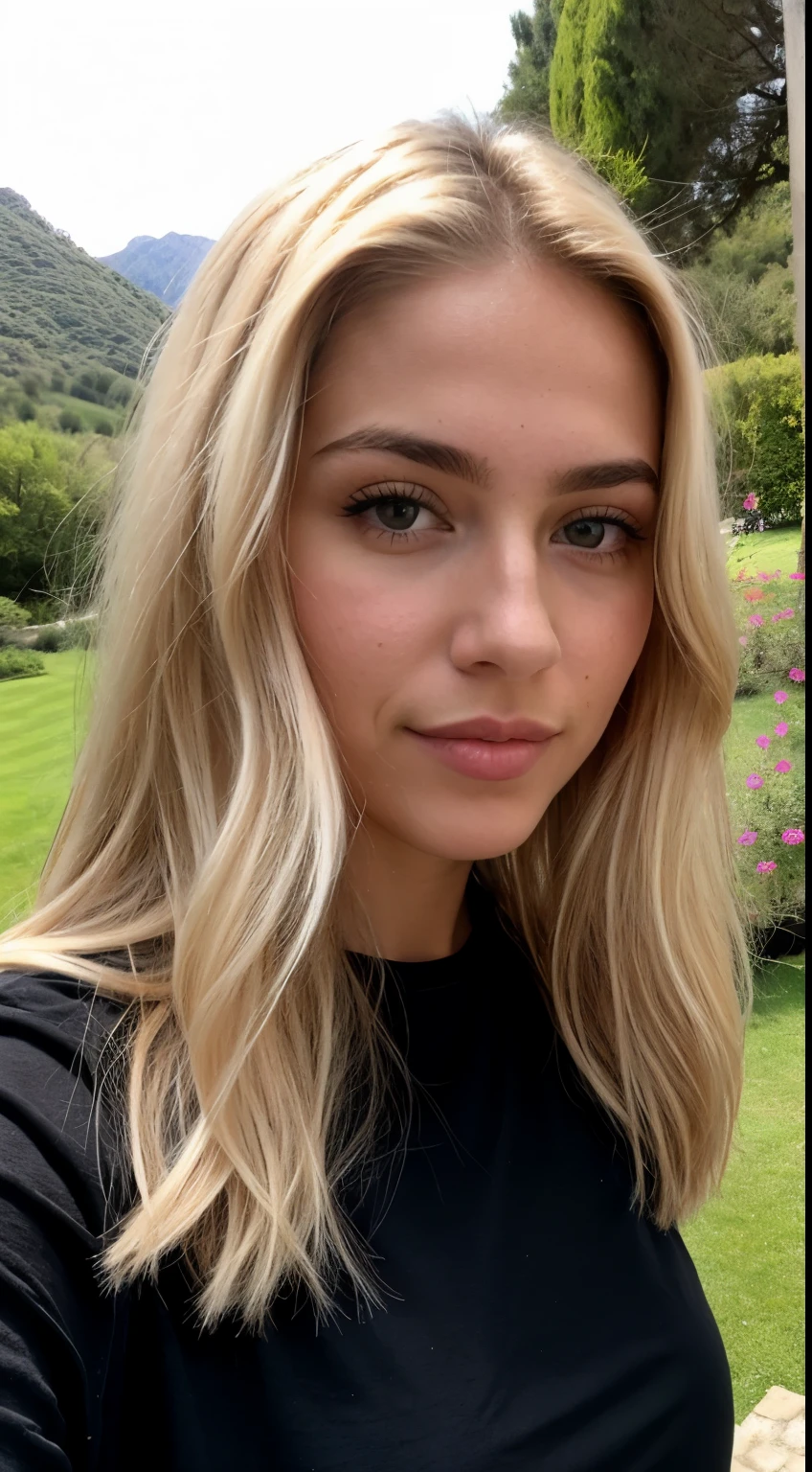 A 23-year-old blonde woman, ((pechos grandes)), ((hiperrealismo)) ,. blonde hair with light brown roots. cabello rubio, Hair with brown roots, cabello extra largo, cabello muy largo, Cabello muy largo, hermoso, vista frontal, autofoto, Foto tomada con iPhone, elegante camisa negra con escote, escotada, autofoto in the garden, alta calidad, autofoto iPhone, escote, nsfw