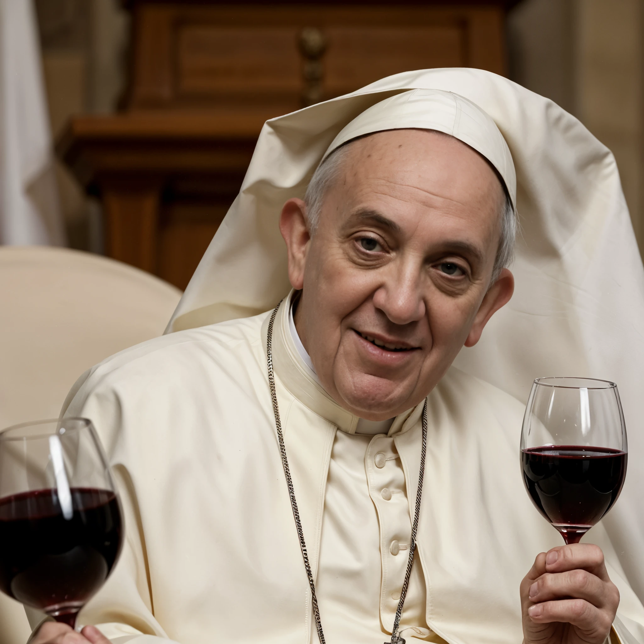 wide shot from above, wide-angle, drunken Pope Francis laying on an altar. (white tablecloth stained with red wine), A glass of wine overturned on the embroidered tablecloth placed on the altar. ((imperfect skin)), open mouth, saliva trail, closed eyes, (ultra detailed skin texture, ultra detailed nose, real skin pores). Photorealistic shot. EdobPopeFrancis
