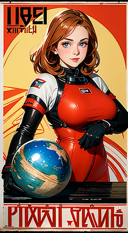 1girl, huge_breasts, cute, beautiful detailed eyes, shiny hair, visible through hair, hairs between eyes, (Caucasian face, Europe face, eastern Europe girl), (USSR poster:1.5), (soviet poster), red monochrome, (soviet, communism, ((PROPAGANDA POSTER))), (orange_hair), monster girl, smiling, (emerald_eyes) , ((teenage)), good breasts, (wearing black (spacesuit, gloves, shoes)), holding helmet, ((the USSR red letters on the poster)), weightlessness, Side light, reflection, The person in the spacesuit is at the bottom left of the frame, The right hand is outstretched, Space station in the upper right corner of the screen, Reflected light from the sun, Silver metal, red flag, (USSR style), diffuse reflection, Metallic texture, ((alien planet background)), (pinup-girl, the sea of star on background), ((effect of old poster))