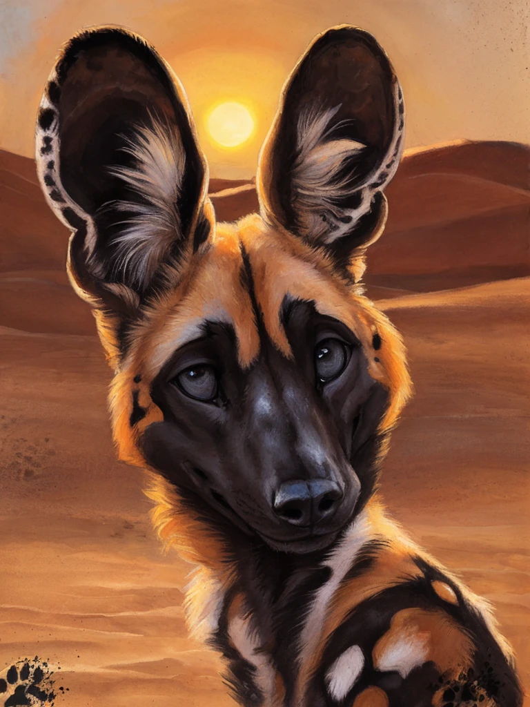solo, anthro, African Wild Dog, feminine body, submissive, panting, shy, male, shaggy fur, thick fur, tail, beautiful eyes, perfect eyes, symmetrical eyes, (black retinas:1.2), detailed background, sahara desert background, dusk, realistic, photorealistic, ultra realistic, 8k, (by blotch), setting sun